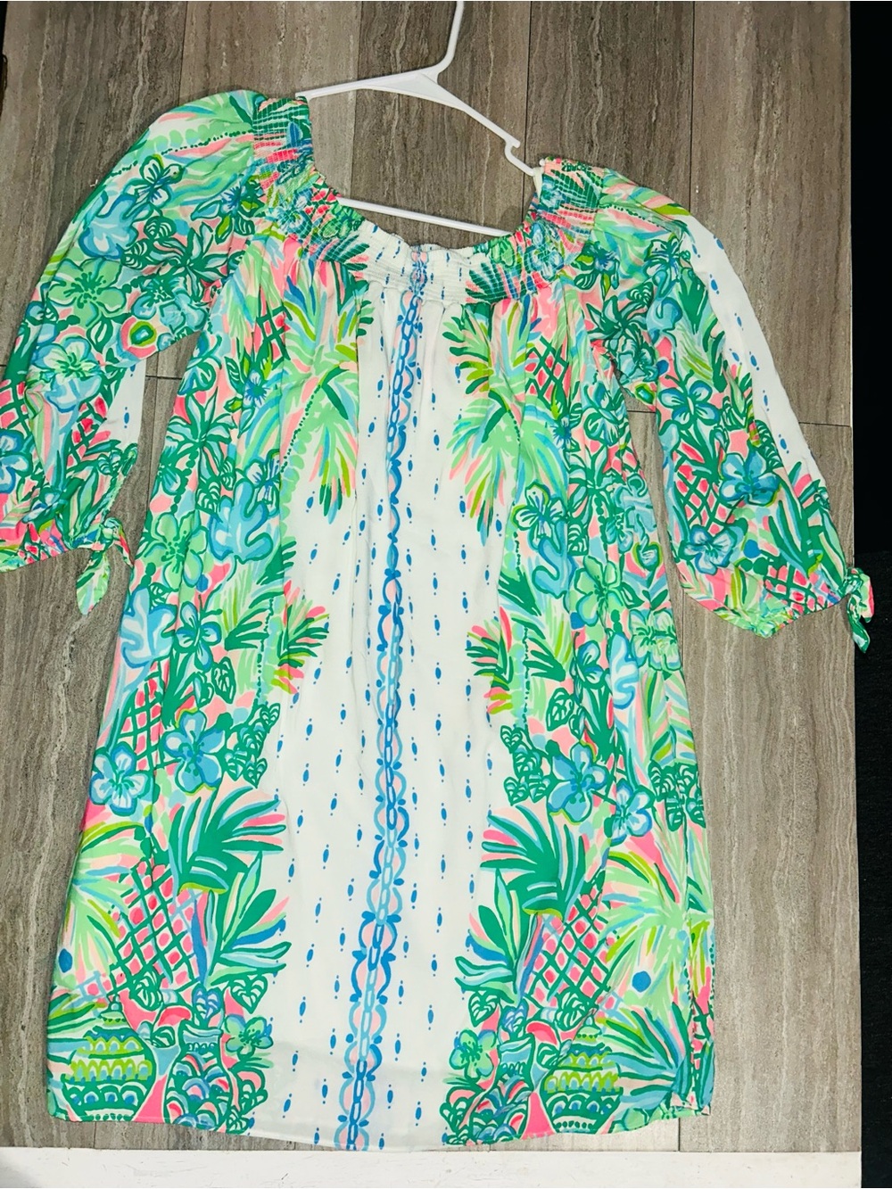 Lilly Pulitzer White Dress with Green and Pink Tropical Print